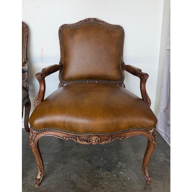 French Pair of VIntage French Louis XV Cognac Leather Fauteuils For Sale - Image 3 of 18