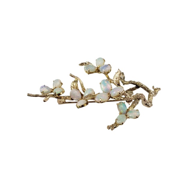 Contemporary Mid 20th Century 12 Karat Yellow Gold and Opal Floral Brooch For Sale - Image 3 of 6