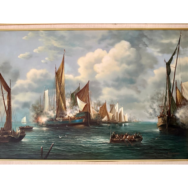 20th Century Dutch Style Naval Battle Oil Painting, Signed s.d. Richelle For Sale - Image 4 of 14