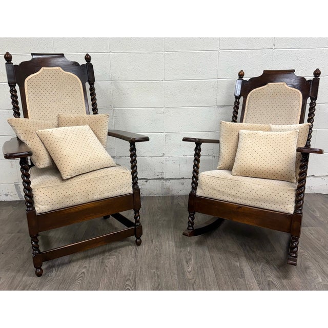 Vintage Jacobean Revival or Tudor Style Barley Twist Oak Armchair and Rocker Set For Sale - Image 4 of 17