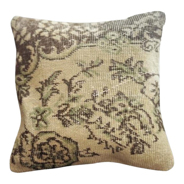 Vintage Turkish Rug Pillow Cover, Handwoven Wool Isparta Floral Cushion, Moody Dark Brown Boho Pillow, 16x16 In For Sale