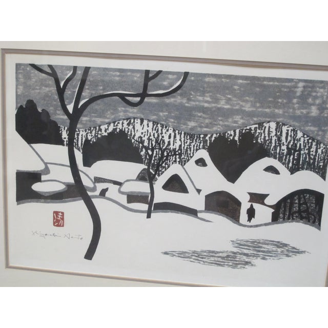 Japanese Kiyoshi Saito Japanese Black & White Signed Woodblock Print Aizu in Winter Snow For Sale - Image 3 of 5