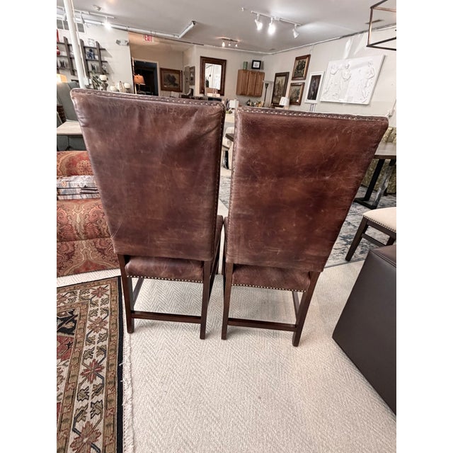 Set of 2 Leather Parson Chairs With Nailhead Trim For Sale - Image 4 of 13