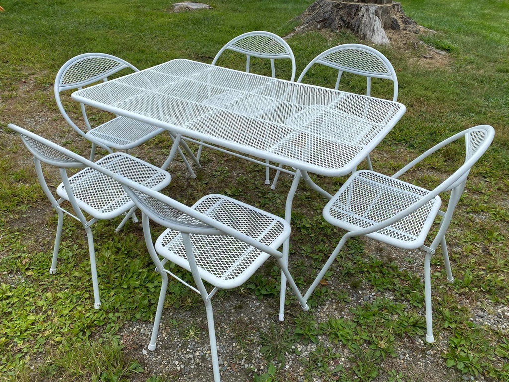 1960s Rid-Jid Iron Folding Patio Dining Set Table & 6 Chairs