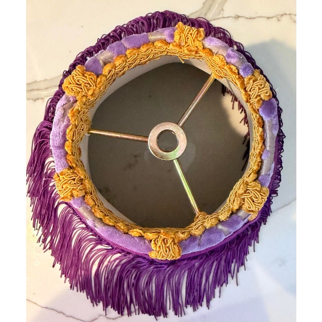 Vintage Purple Velvet Leaf Lamp Shade With Gold Lining & Mustard Trim For Sale - Image 4 of 6