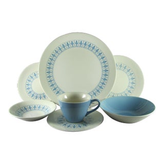 1960s Homer Laughlin Turquoise Fleur De Lys Service for 8 Dinnerware Set - 56 Piece For Sale