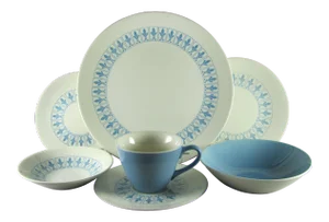 1960s Homer Laughlin Turquoise Fleur De Lys Service for 8 Dinnerware Set - 56 Piece