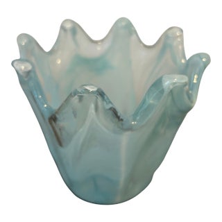 Vintage Murano Style Art Glass Vase | Hand-Blown Italian Blue & White Swirl Opaline Vase With Ruffled Rim | Mid-Century Modern Decor For Sale