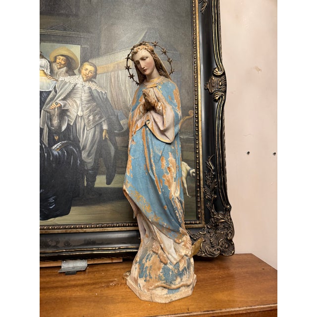 Antique Polychrome Wooden Statue of the Virgin Mary, Europe, circa 1880–1900 A serene late 19th-century carved wooden...