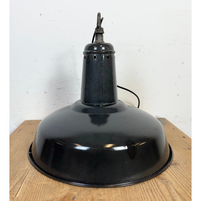 Industrial French Dark Grey Enamel Factory Pendant Lamp, 1960s For Sale - Image 9 of 17