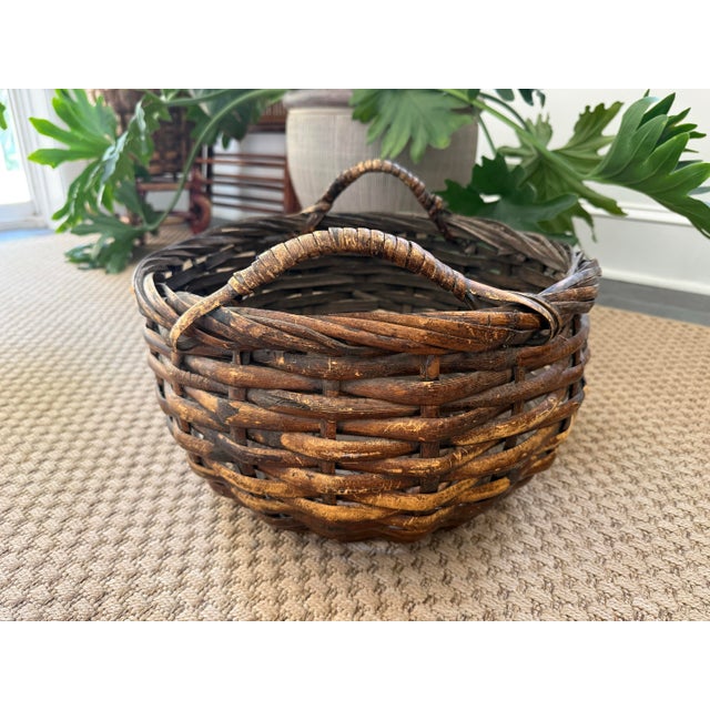Mid 20th Century Vintage Rustic Split Bamboo Gathering Basket For Sale - Image 5 of 9