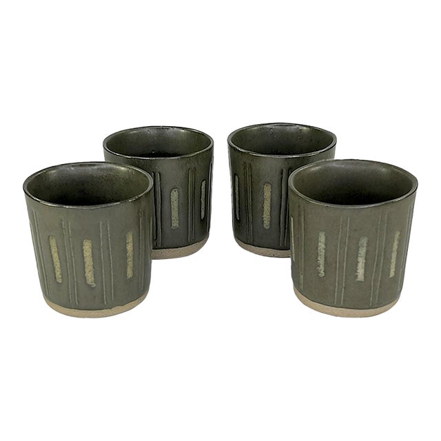 1960s Marshall Studios Gordon & Jane Martz Indiana Stoneware Lines and Bars Tumblers- Set of 4 For Sale