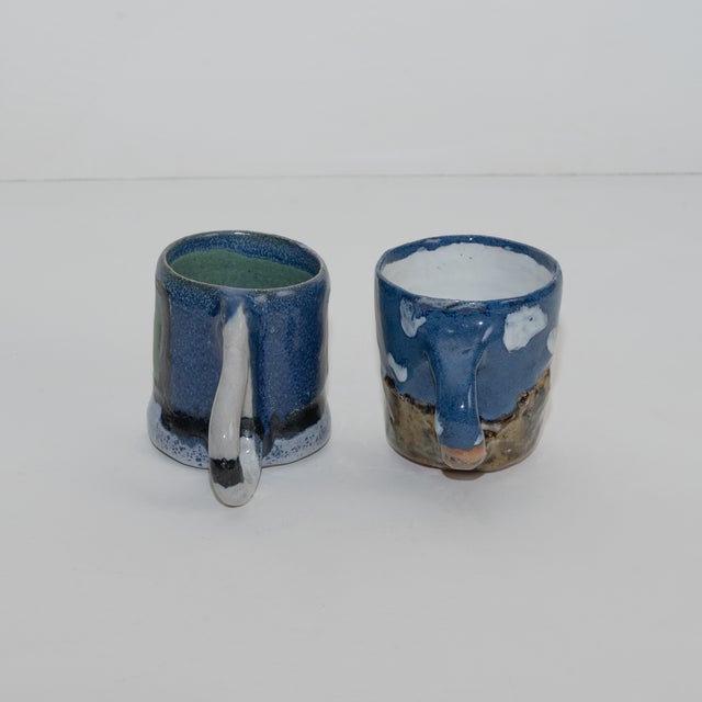 Whimsical Pair of Rustic Studio Pottery Coffee Mugs, by Artist d.o.n. For Sale - Image 4 of 11