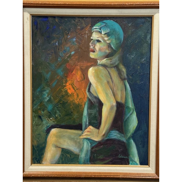 Overview: Up for sale is an absolute gem. This oil painting on canvas depicts a showgirl/burlesque dancer. It is titled...