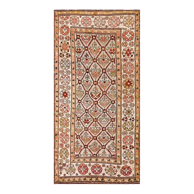 1900s Green Asparagus Diamond Antique Caucasian Karabagh Rug 3'6" X 7'2" Handknotted Wool Carpet For Sale