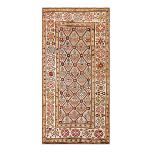1900s Green Asparagus Diamond Antique Caucasian Karabagh Rug 3'6" X 7'2" Handknotted Wool Carpet