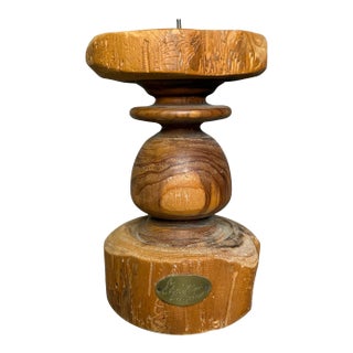 Handcrafted Signed Wooden Candle Holder | Rustic Folk Art Accent For Sale