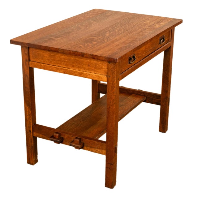 Antique L. & J. G. Stickley Mission Oak Library Writing Table Desk 1902 For Sale - Image 10 of 15