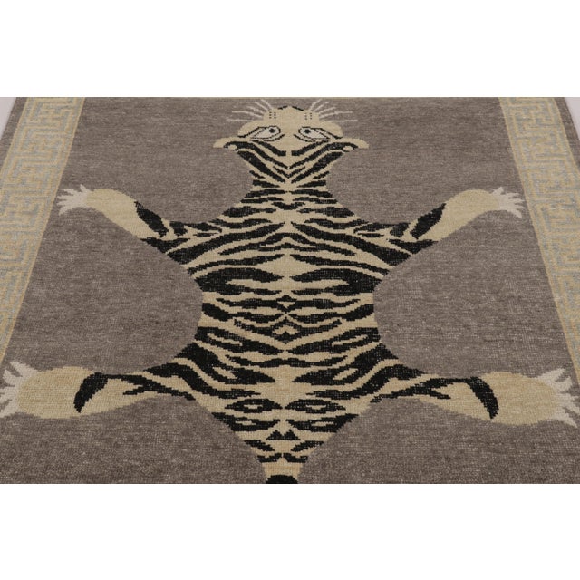 Rug & Kilim Rug & Kilim’s Distressed Tiger Rug in Taupe-Brown With Beige and Black Pictorial For Sale - Image 4 of 9
