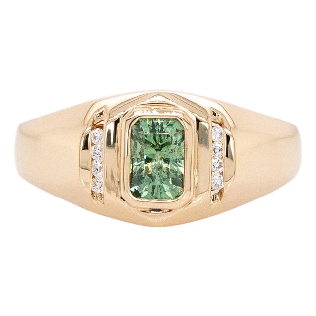 Demantoid Ring With Natural Diamond Accents: 14k Solid Gold, Emerald Cut 6x4mm For Sale