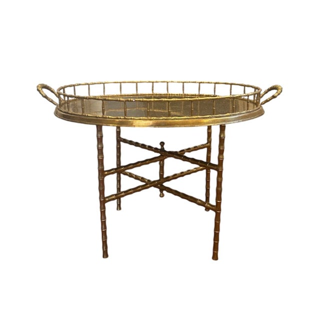 French Vintage Brass Faux Bamboo Oval Tray / Drinks / Side / Accent Table With Folding Stand, in the Manner of Maison Baguès For Sale - Image 3 of 10
