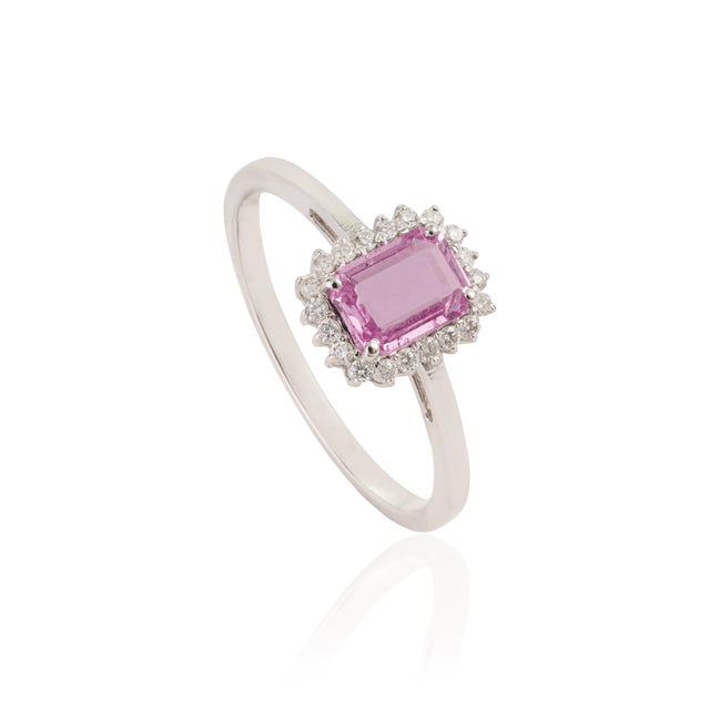VR Jewels Art Deco Emerald-Cut Pink Sapphire & Diamond Halo Ring in 14k White Gold Size 9 For Sale - Image 4 of 15