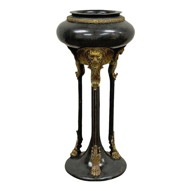 Early 20th Century French Empire Style Tessellated Stone Marble Pedestal Stand Planter With Lions For Sale