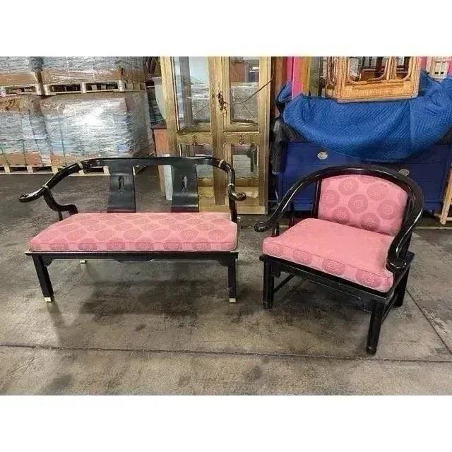 Offered is a vintage bench from Century Furniture. This piece features ming style frame with rose colored upholstered...