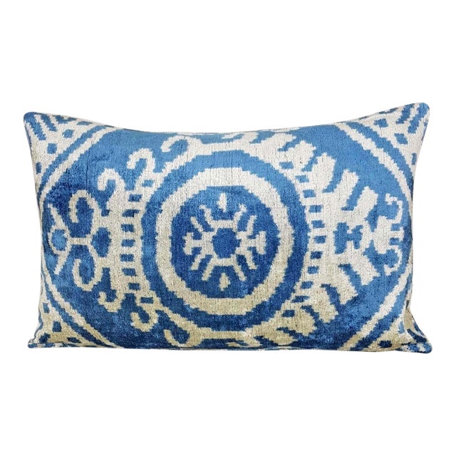 Mineral Blue Silk Velvet Ikat Lumbar Pillow Chairish