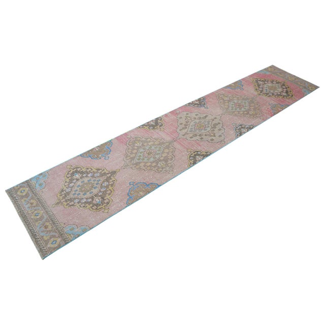 1960s Traditional Turkish Runner Hand Knotted Distressed Low Pile Pink Hallway Rug Kitchen Decor For Sale - Image 4 of 14