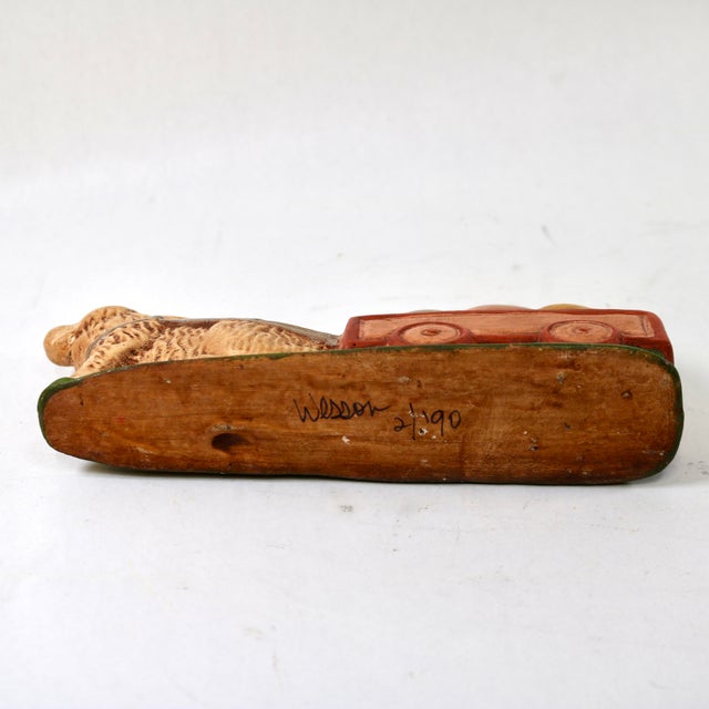 Paint Vintage Wesson Folk Art Chalkware Bunny Rabbits Pushing Cart of Eggs Figurines-a Pair For Sale - Image 7 of 16