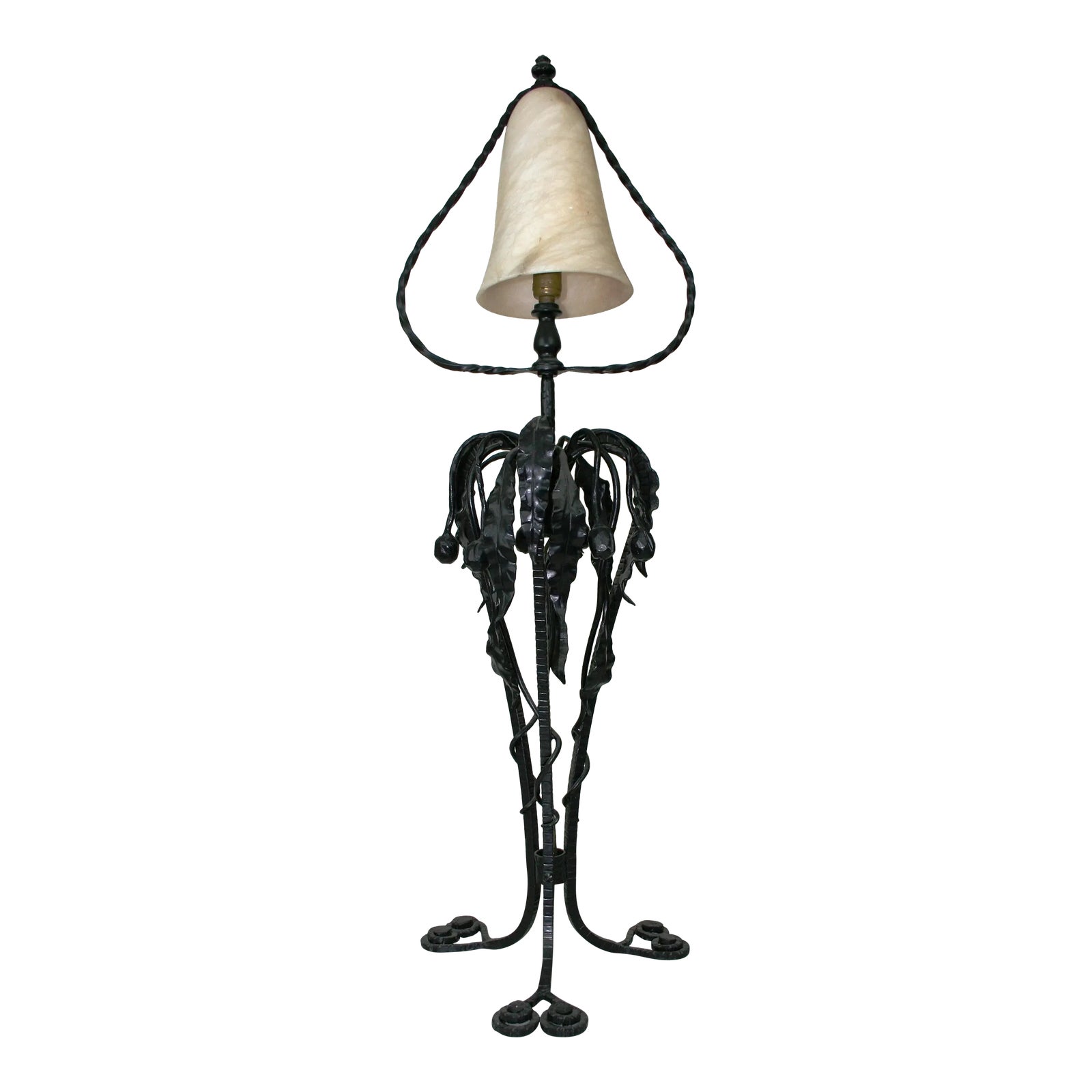 Mid Century Modern Forged Iron Lamp, Alabaster Shade | Chairish