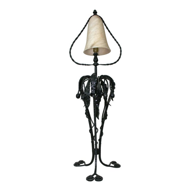 Mid Century Modern Forged Iron Lamp, Alabaster Shade For Sale