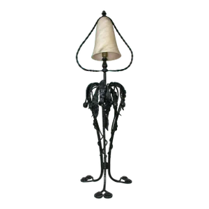 Mid Century Modern Forged Iron Lamp, Alabaster Shade