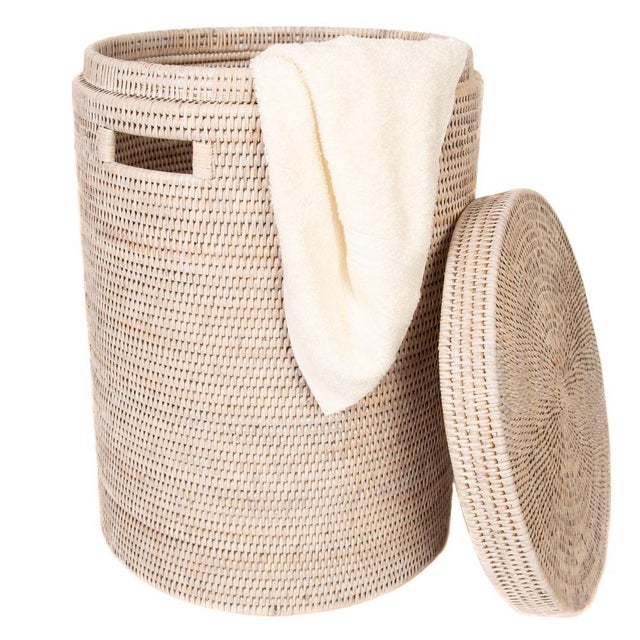 Boho Chic Artifacts Rattan Round Hamper with Lid in White Wash For Sale - Image 3 of 9