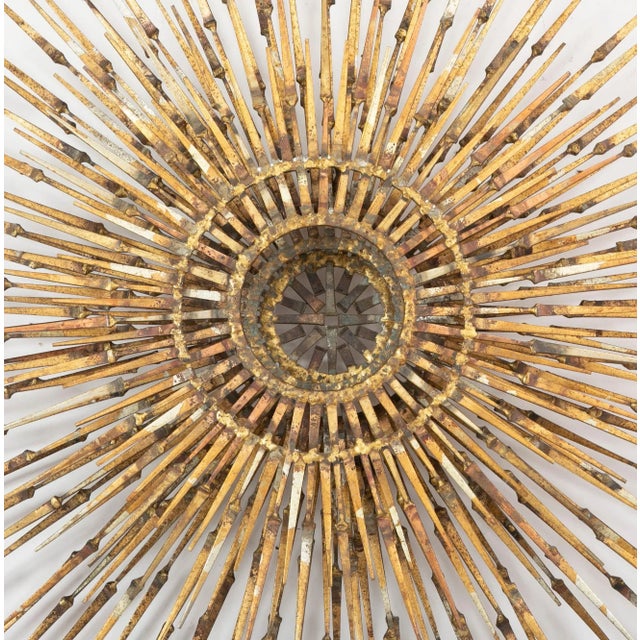 Brutalist Mid-Century Modern Gilt Iron Sunburst Wall Sculpture by William Bowie For Sale - Image 3 of 8