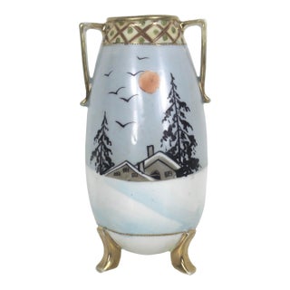 Vintage Nippon Hand Painted Porcelain Footed Vase With Moriage Gold Decoration For Sale