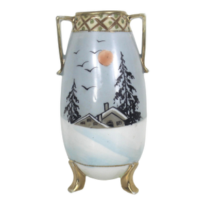Vintage Nippon Hand Painted Porcelain Footed Vase With Moriage Gold Decoration