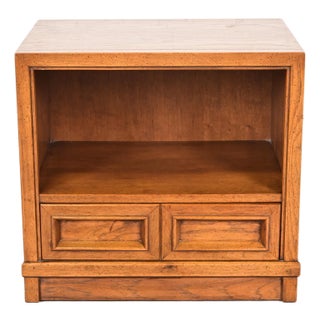 Drexel Mid-Century Modern Campaign Sculpted Walnut Nightstand, Circa 1960s For Sale