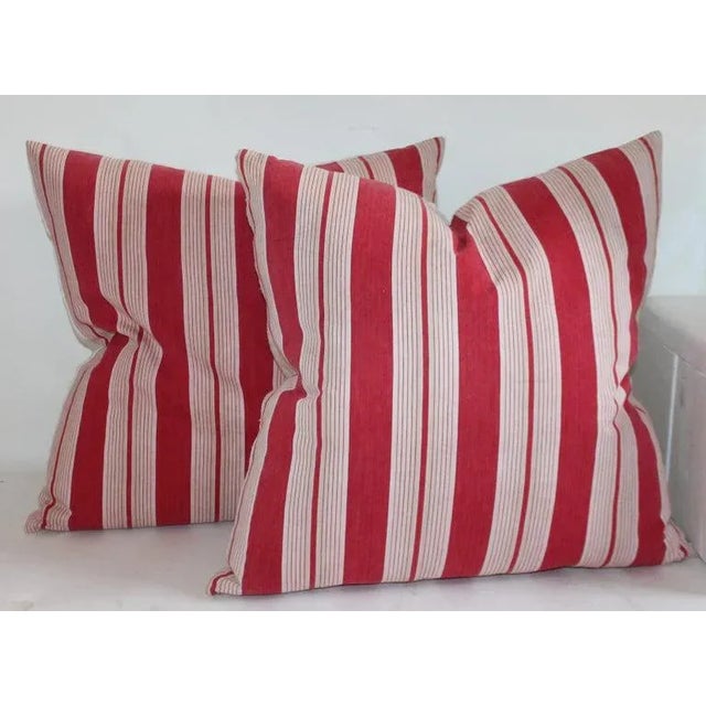 Rustic 19th Century Antique Ticking Pillows - A Pair For Sale - Image 3 of 3