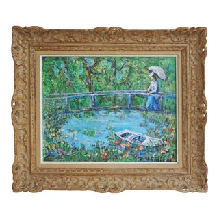 Vintage Mid-Century Modern Giverny Lily Pond Oil Painting by Girard French Country Wall Art For Sale