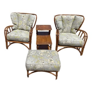 1940s MCM Heywood Wakefield Rattan Pair Lounge Chairs, Foot Stool & Lamp Table For Sale