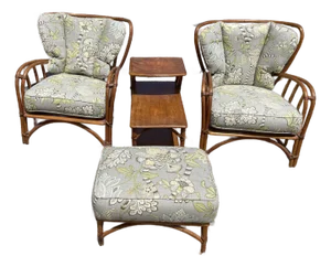 1940s MCM Heywood Wakefield Rattan Pair Lounge Chairs, Foot Stool & Lamp Table