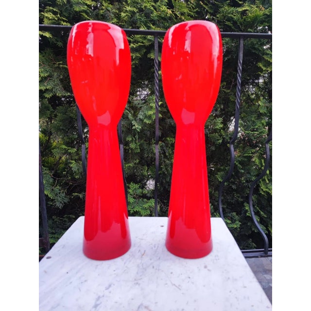 Vase, red, flame, vintage from the 1970s, glass, dimensions: height 48.7 cm, diameter at the widest point 11.6 cm, opening...