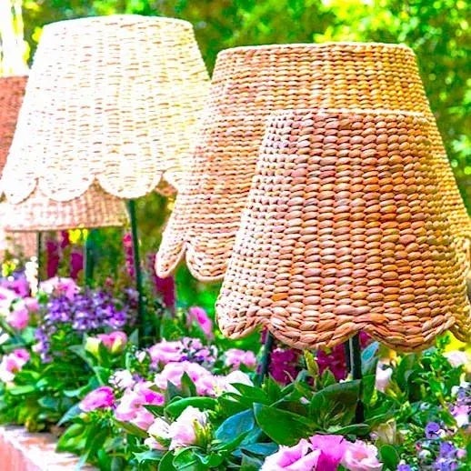 Handwoven water hyacinth lampshade with signature Maison Maison scallops along bottom and harp fitting. 6″T x 10″B x 8″H