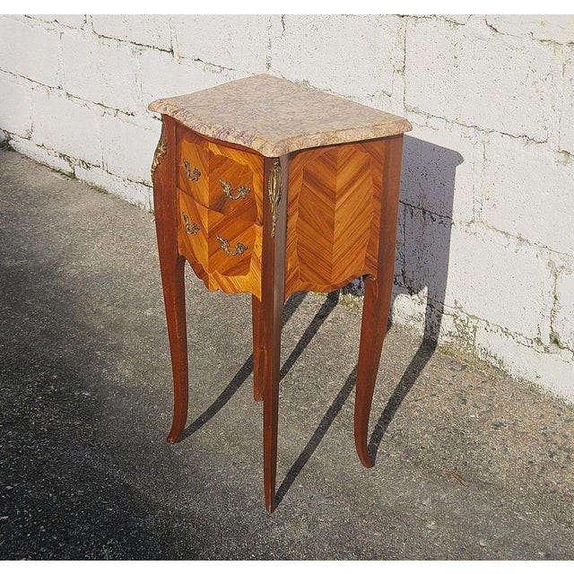 French Marquetry Nightstand in Marble and Wood, 1970s For Sale - Image 3 of 18