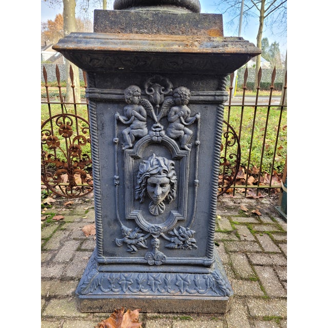 Large Antique French Baroque Cast Iron Vases on Column Castle Planters, Set of 4 For Sale - Image 10 of 14