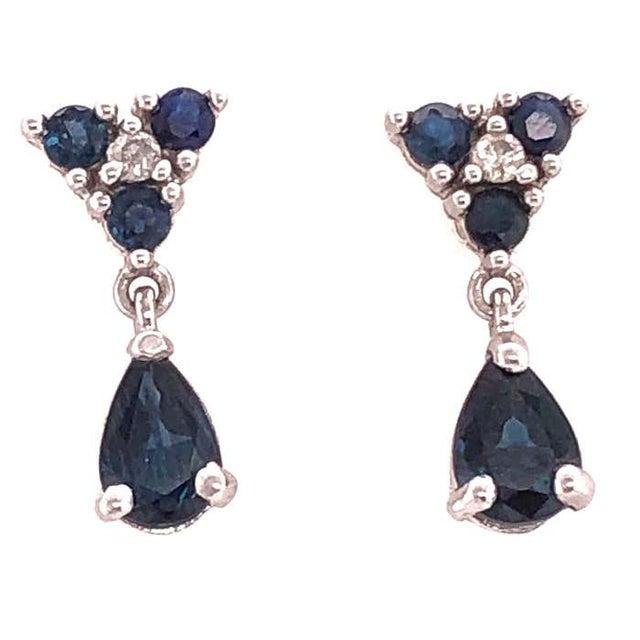 14 Karat White Gold and Blue Sapphire Drop Earrings 0.02 Total Diamond Weight, A Pair For Sale - Image 9 of 11