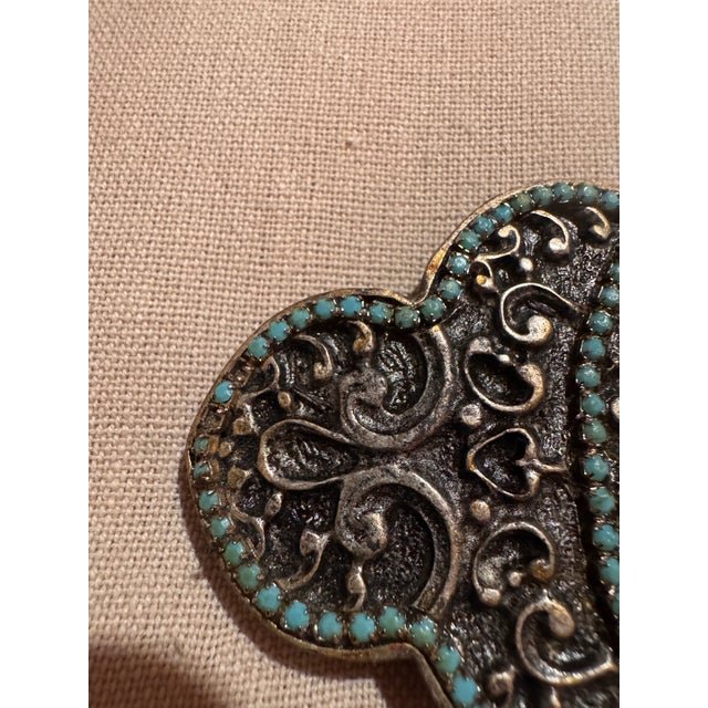 Vintage Heavy Brass Buckle With Turquoise & Inset Stones, Used -Great Shape For Sale - Image 10 of 12