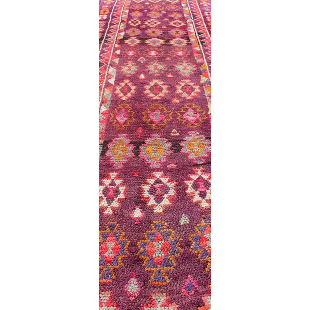 Mid 20th Century Colorful Vintage Turkish Long Oushak Runner With Geometric Design in Purple & Plum Background For Sale - Image 5 of 9